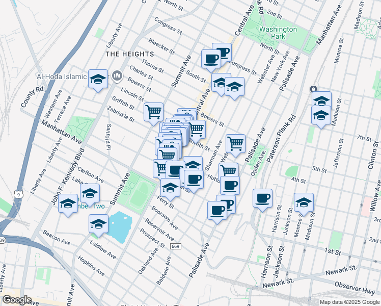 map of restaurants, bars, coffee shops, grocery stores, and more near 50 Cambridge Avenue in Jersey City