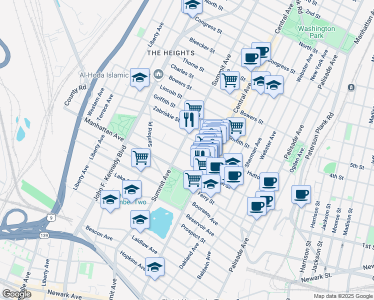 map of restaurants, bars, coffee shops, grocery stores, and more near 28 Sherman Place in Jersey City
