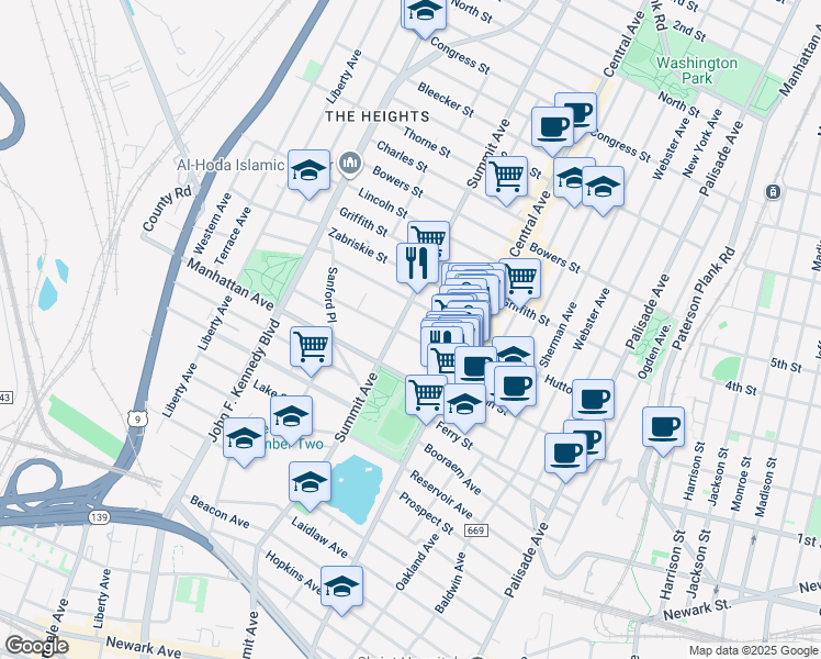 map of restaurants, bars, coffee shops, grocery stores, and more near 28 Sherman Place in Jersey City