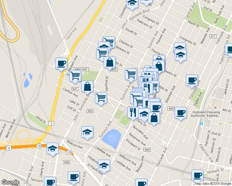 map of restaurants, bars, coffee shops, grocery stores, and more near 146 Manhattan Avenue in Jersey City