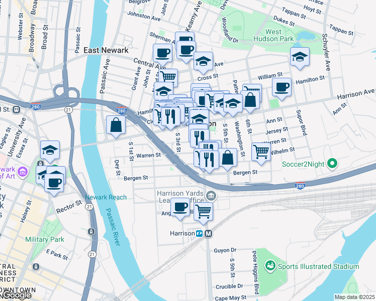 map of restaurants, bars, coffee shops, grocery stores, and more near 319 Warren Street in Harrison