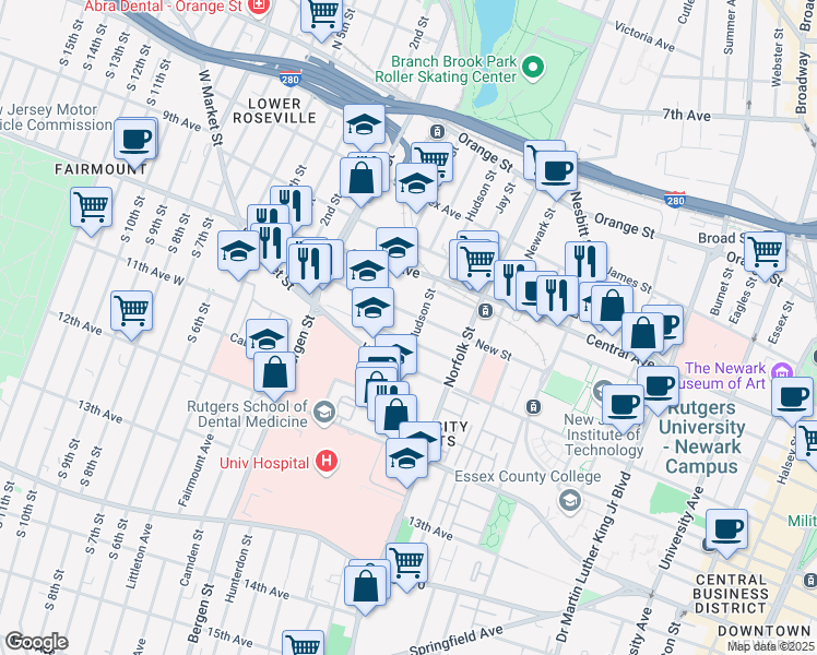map of restaurants, bars, coffee shops, grocery stores, and more near in Newark