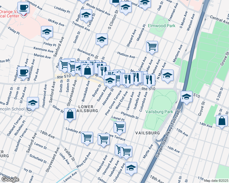 map of restaurants, bars, coffee shops, grocery stores, and more near 25 Pine Grove Terrace in Newark