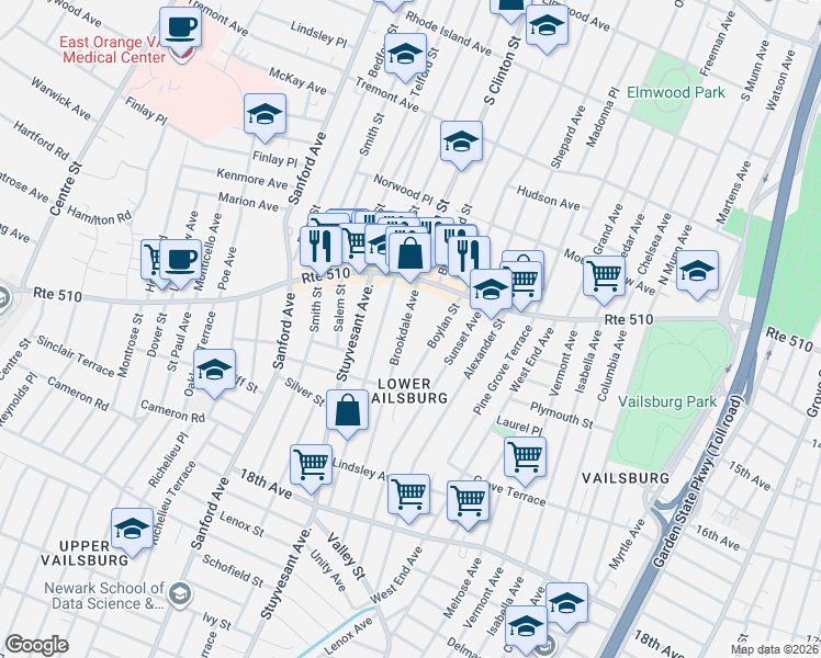map of restaurants, bars, coffee shops, grocery stores, and more near 52 Brookdale Avenue in Newark
