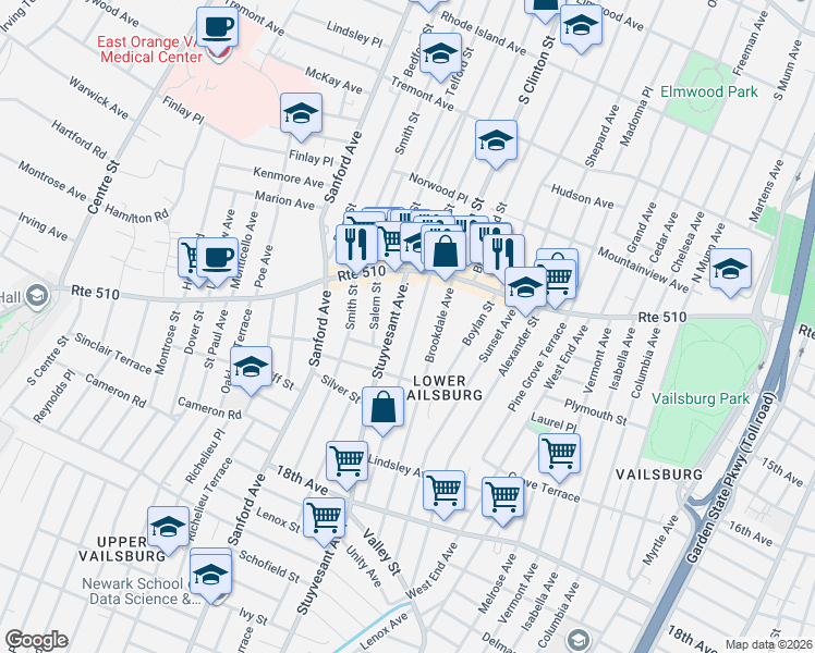 map of restaurants, bars, coffee shops, grocery stores, and more near 57 Norwood Street in Newark