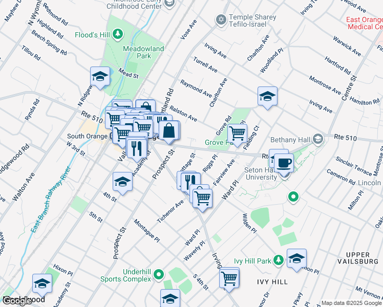 map of restaurants, bars, coffee shops, grocery stores, and more near 25 Cottage Street in South Orange