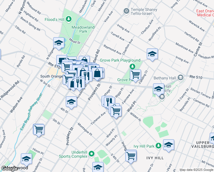 map of restaurants, bars, coffee shops, grocery stores, and more near 25 Cottage Street in South Orange
