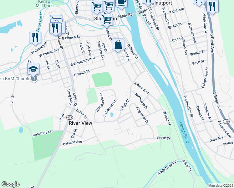 map of restaurants, bars, coffee shops, grocery stores, and more near 7381 East Hillcrest Lane in Slatington