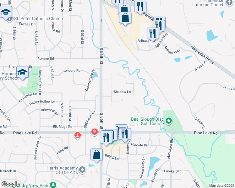 map of restaurants, bars, coffee shops, grocery stores, and more near 5724 Shadow Pines Court in Lincoln