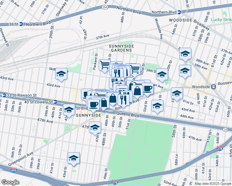 map of restaurants, bars, coffee shops, grocery stores, and more near 49-2 43rd Avenue in Queens