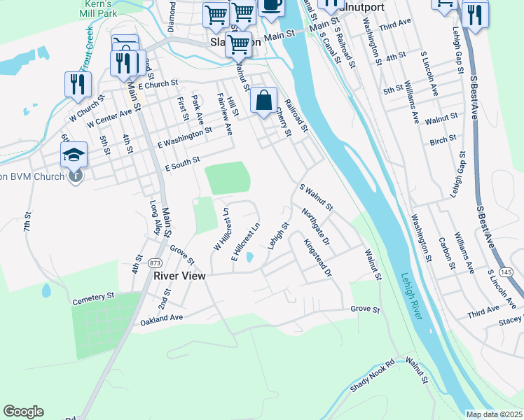 map of restaurants, bars, coffee shops, grocery stores, and more near 7381 East Hillcrest Lane in Slatington