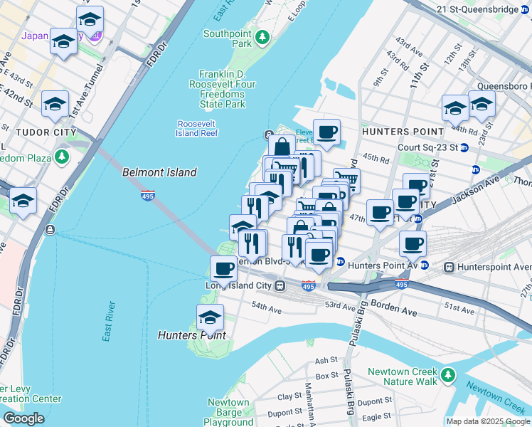 map of restaurants, bars, coffee shops, grocery stores, and more near 48th Ave & Center Blvd in Queens