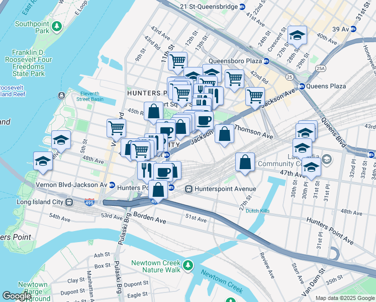 map of restaurants, bars, coffee shops, grocery stores, and more near 22-18 Jackson Avenue in Queens