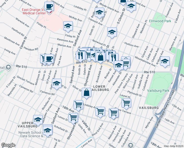 map of restaurants, bars, coffee shops, grocery stores, and more near 57 Norwood Street in Newark