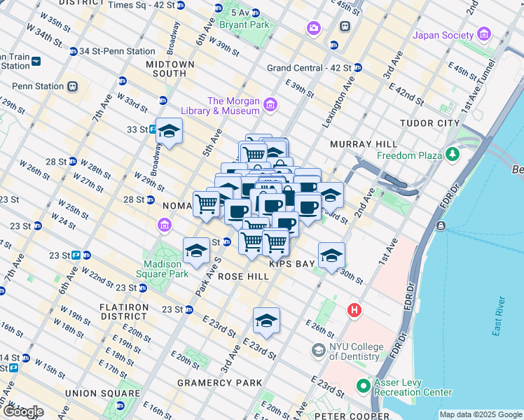 map of restaurants, bars, coffee shops, grocery stores, and more near 114 East 32nd Street in New York