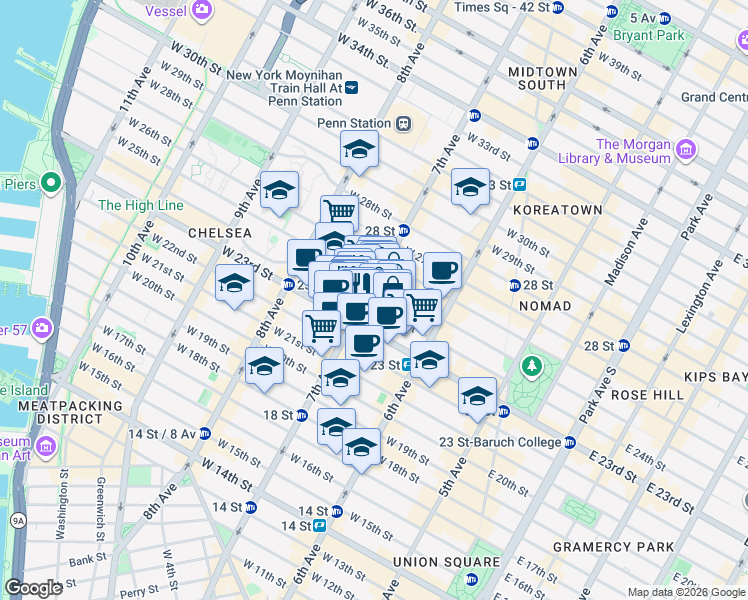 map of restaurants, bars, coffee shops, grocery stores, and more near 245 7th Avenue in New York