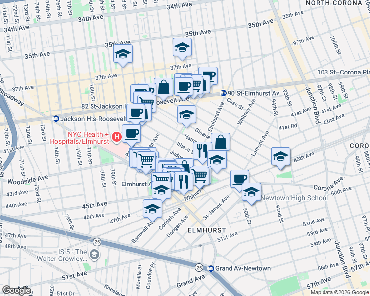 map of restaurants, bars, coffee shops, grocery stores, and more near 41-42 Ithaca Street in Queens