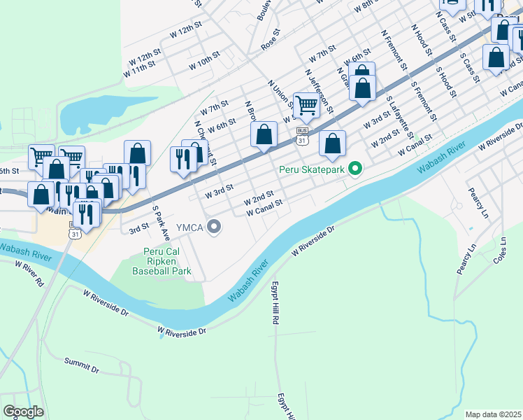map of restaurants, bars, coffee shops, grocery stores, and more near 551 West Canal Street in Peru