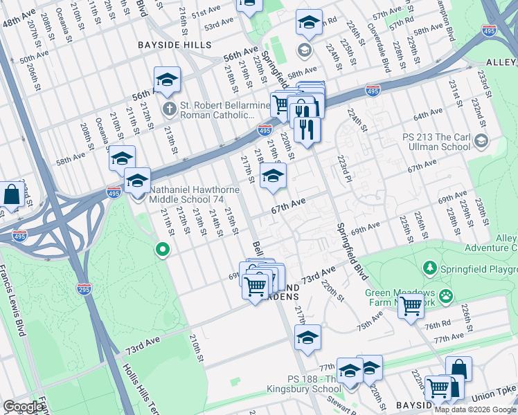 map of restaurants, bars, coffee shops, grocery stores, and more near 64-55 Bell Boulevard in Queens