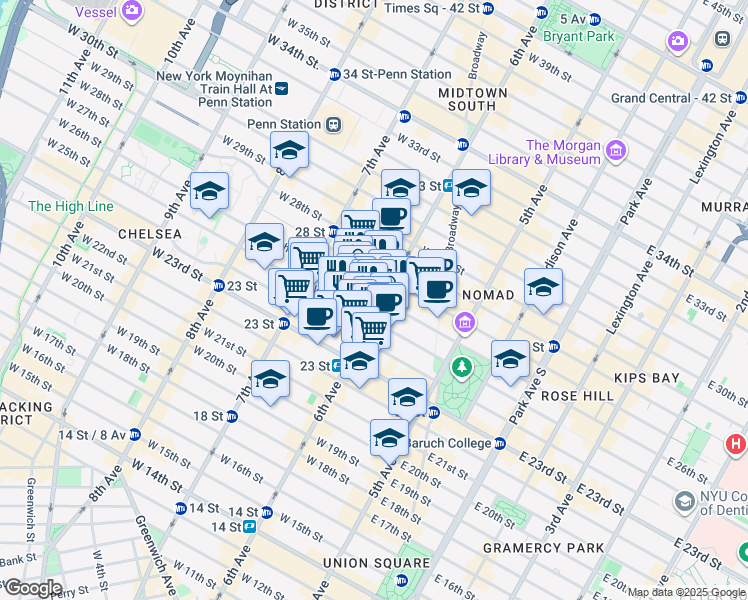 map of restaurants, bars, coffee shops, grocery stores, and more near 750 6th Avenue in New York