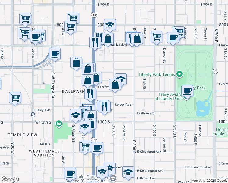 map of restaurants, bars, coffee shops, grocery stores, and more near S 200 E & Harvard Ave in Salt Lake City