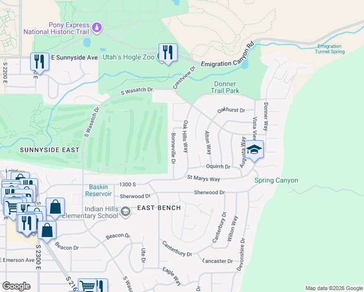 map of restaurants, bars, coffee shops, grocery stores, and more near 1135 Bonneville Drive in Salt Lake City