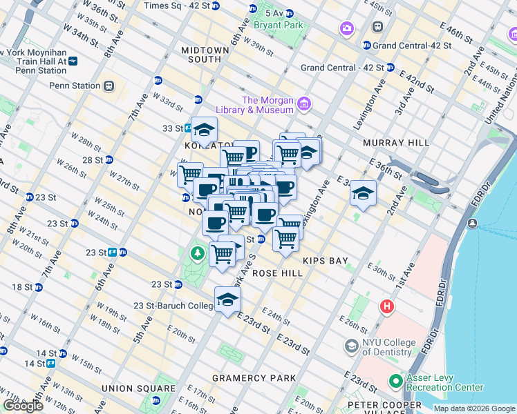 map of restaurants, bars, coffee shops, grocery stores, and more near 79 Madison Avenue in New York