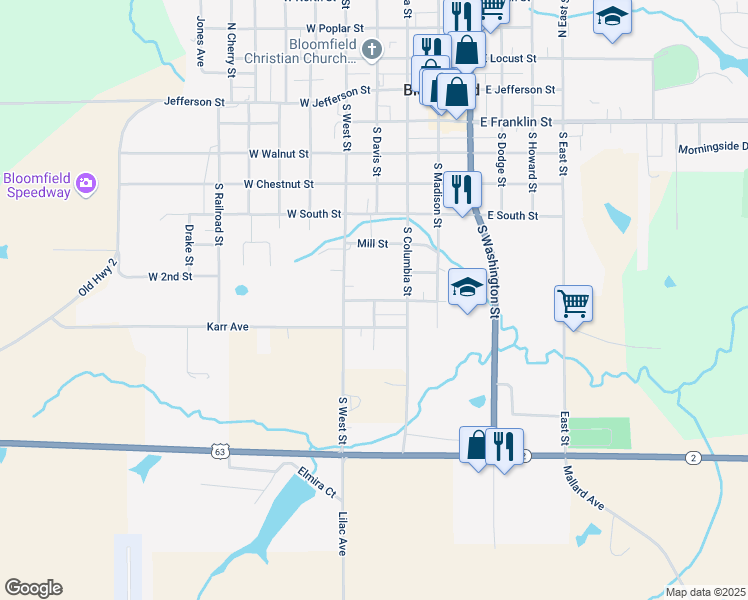 map of restaurants, bars, coffee shops, grocery stores, and more near Wilson Street in Bloomfield