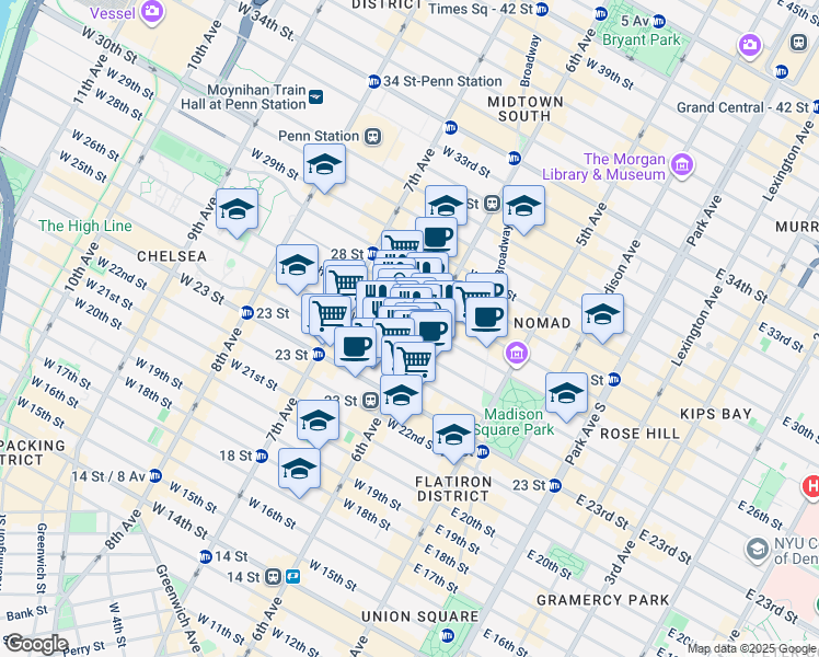 map of restaurants, bars, coffee shops, grocery stores, and more near 100 West 26th Street in New York