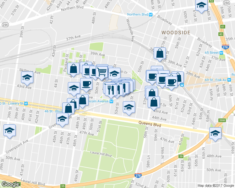 map of restaurants, bars, coffee shops, grocery stores, and more near 41-28 53rd Street in Queens