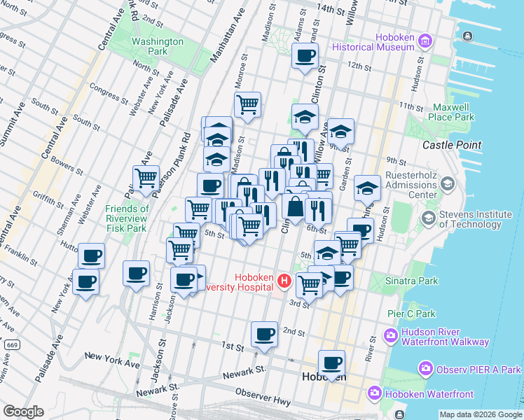 map of restaurants, bars, coffee shops, grocery stores, and more near 533 Adams Street in Hoboken