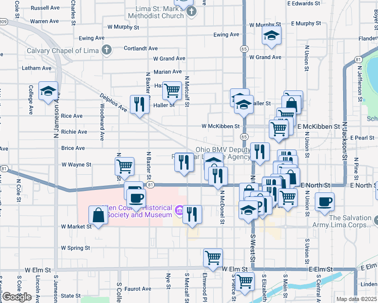 map of restaurants, bars, coffee shops, grocery stores, and more near 631 Brice Avenue in Lima