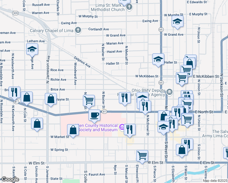 map of restaurants, bars, coffee shops, grocery stores, and more near 739 Brice Avenue in Lima