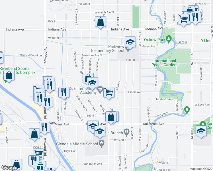 map of restaurants, bars, coffee shops, grocery stores, and more near 1136 Navajo Street in Salt Lake City