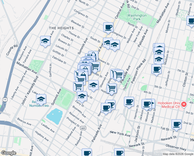 map of restaurants, bars, coffee shops, grocery stores, and more near 62 Hancock Avenue in Jersey City