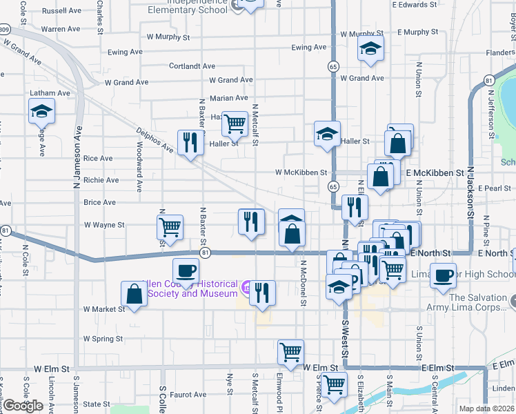 map of restaurants, bars, coffee shops, grocery stores, and more near 631 Brice Avenue in Lima
