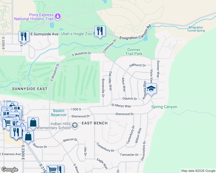 map of restaurants, bars, coffee shops, grocery stores, and more near 1118 Oak Hills Way in Salt Lake City