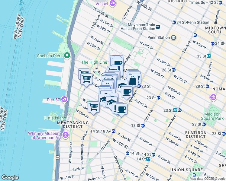 map of restaurants, bars, coffee shops, grocery stores, and more near 162 9th Avenue in New York