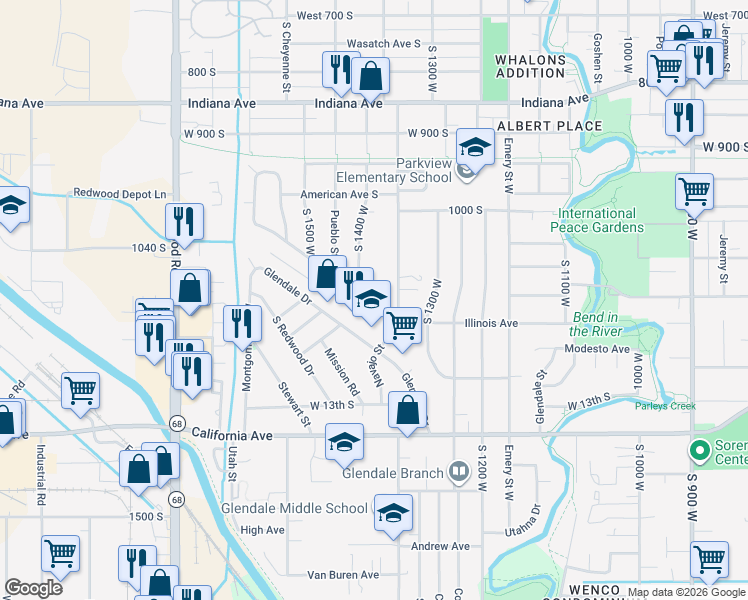 map of restaurants, bars, coffee shops, grocery stores, and more near 1364 Glenrose Drive South in Salt Lake City
