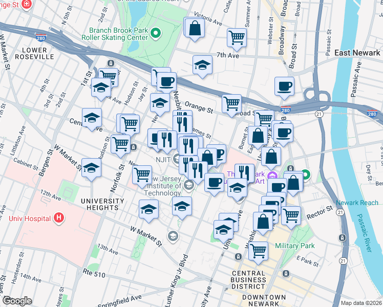map of restaurants, bars, coffee shops, grocery stores, and more near 50 Sussex Avenue in Newark