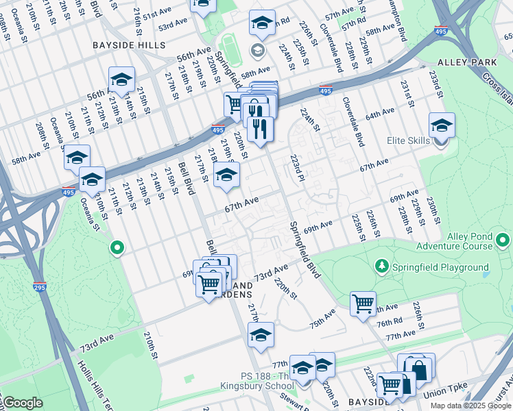 map of restaurants, bars, coffee shops, grocery stores, and more near 21912 67th Avenue in Queens