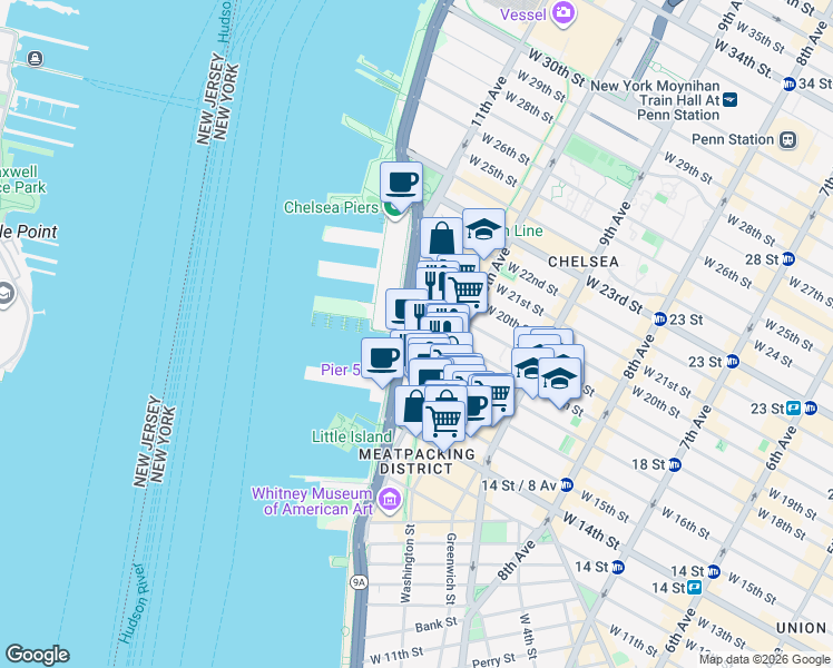 map of restaurants, bars, coffee shops, grocery stores, and more near 500 West 18th Street in New York