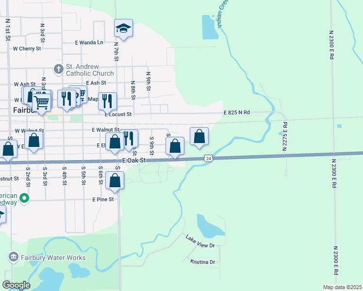 map of restaurants, bars, coffee shops, grocery stores, and more near 806 East Oak Street in Fairbury