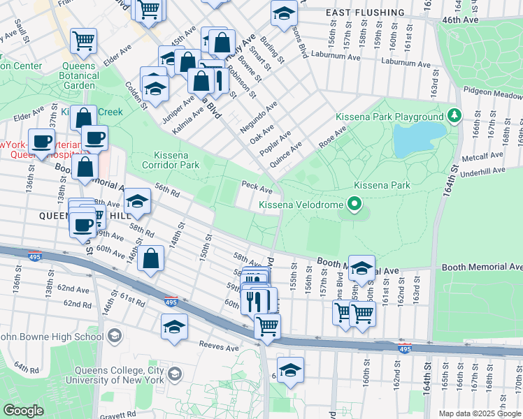 map of restaurants, bars, coffee shops, grocery stores, and more near 54-36 153rd Street in Queens