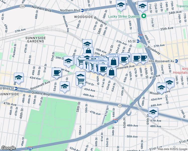 map of restaurants, bars, coffee shops, grocery stores, and more near 59-23 41st Avenue in Queens