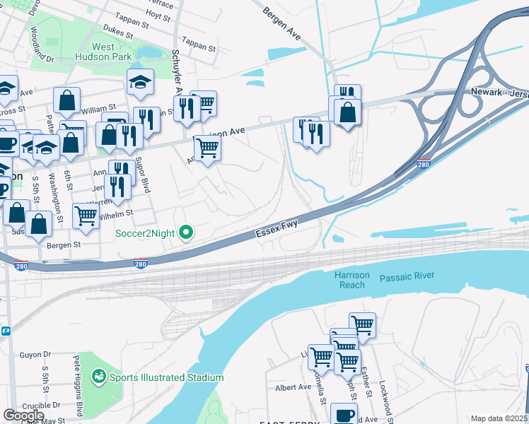 map of restaurants, bars, coffee shops, grocery stores, and more near 22 Sandford Avenue in Kearny