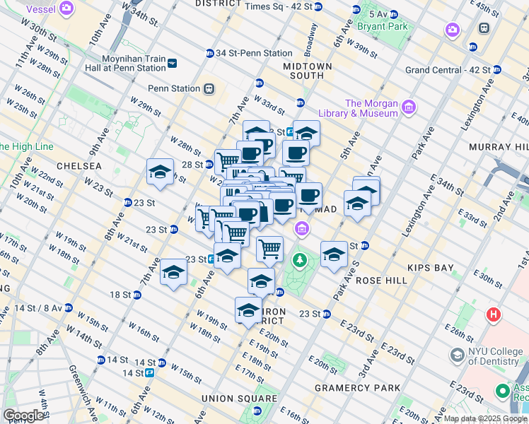 map of restaurants, bars, coffee shops, grocery stores, and more near 34 West 27th Street in New York