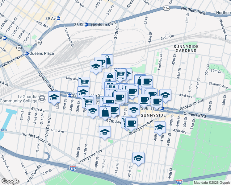 map of restaurants, bars, coffee shops, grocery stores, and more near in Queens