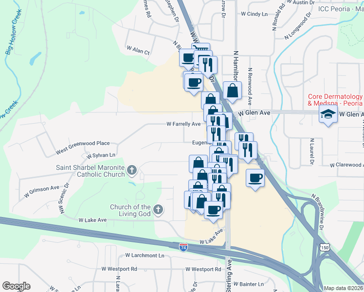 map of restaurants, bars, coffee shops, grocery stores, and more near 2704 Eugenie Avenue in Peoria