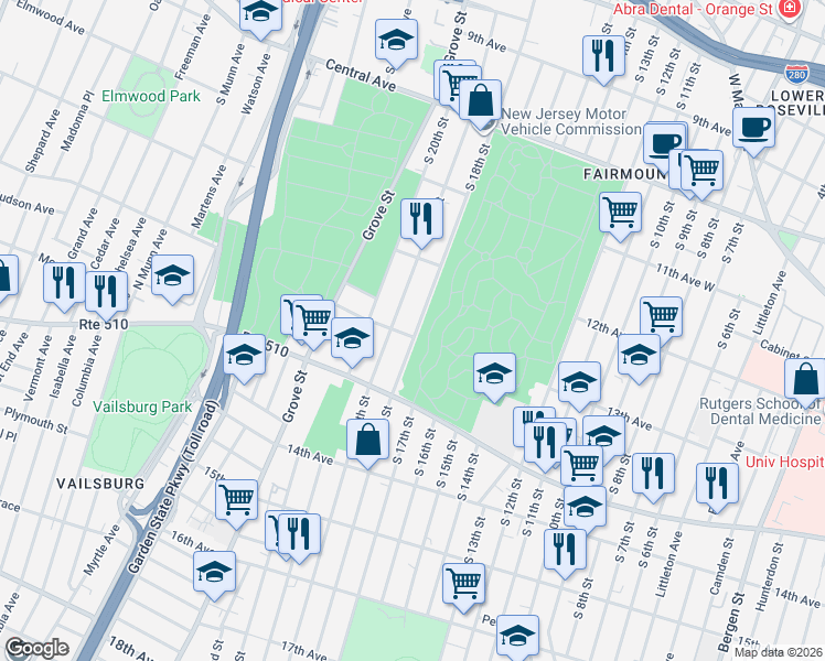 map of restaurants, bars, coffee shops, grocery stores, and more near 527 13th Avenue in Newark